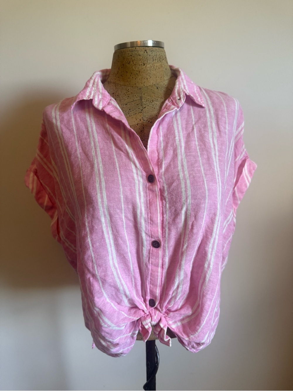 Sonoma Pink & White Striped Tie-Hem Button Blouse